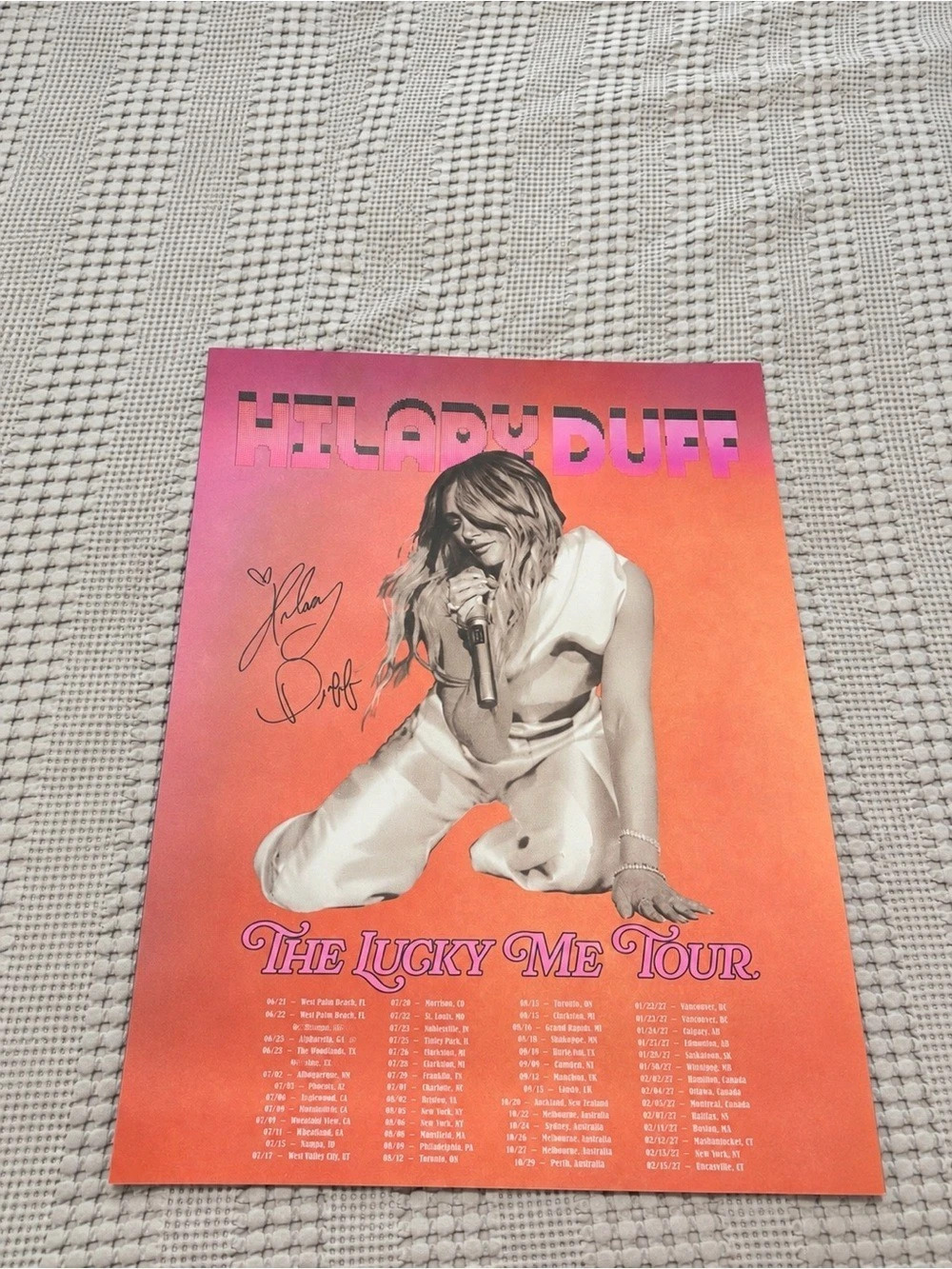 SIGNED- Hilary Duff The Lucky Me Tour Poster Signed Orange & Pink